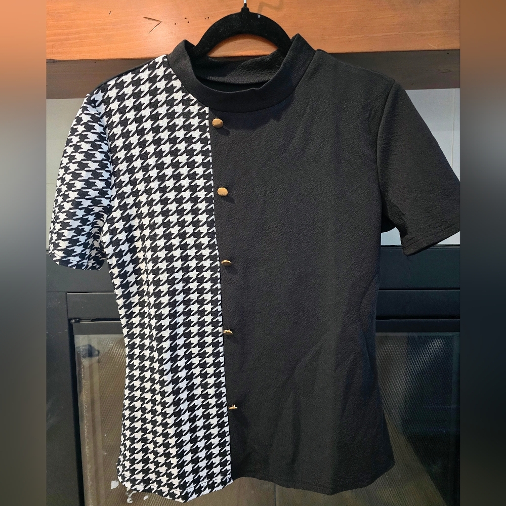 Black and White Houndstooth Top with Gold Buttons
